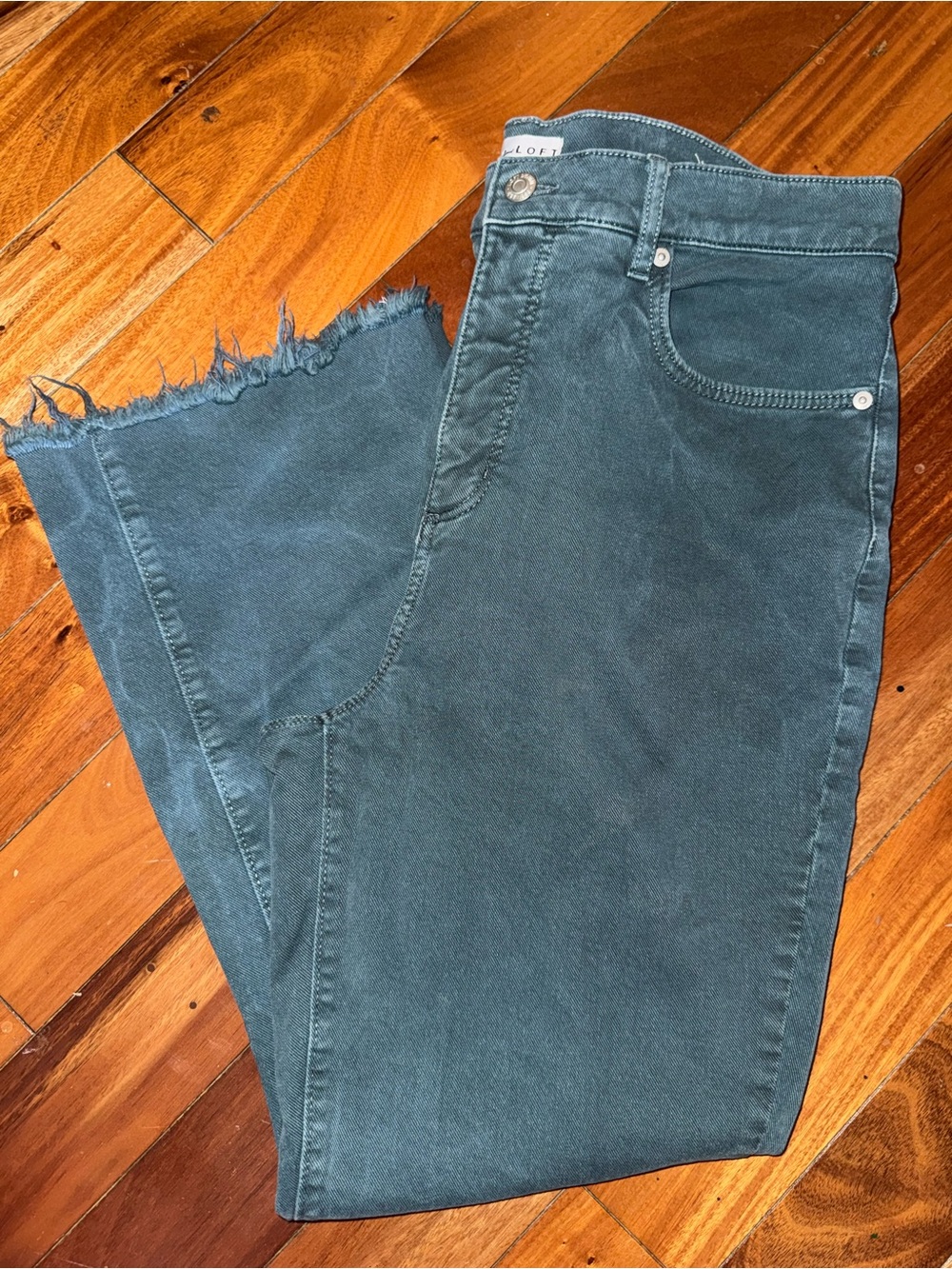 LOFT Teal Frayed-Hem Ankle Jeans